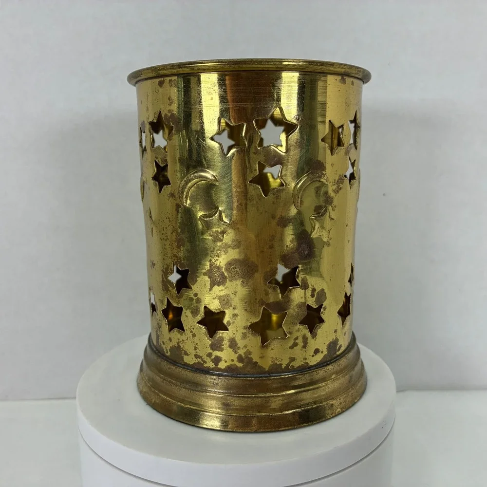 Vintage Brass Celestial Star and Moon Cutout Candle Holder Sleeve Patina Gold